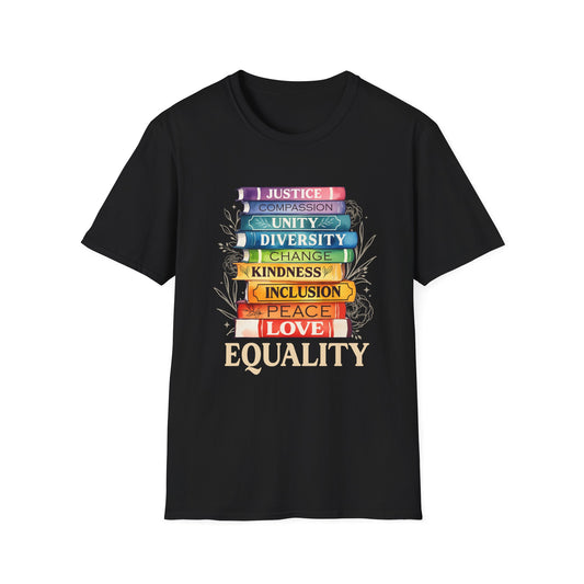 Equality Stack of Books T-Shirt | Pride Colors, Justice Unity Diversity Inclusion