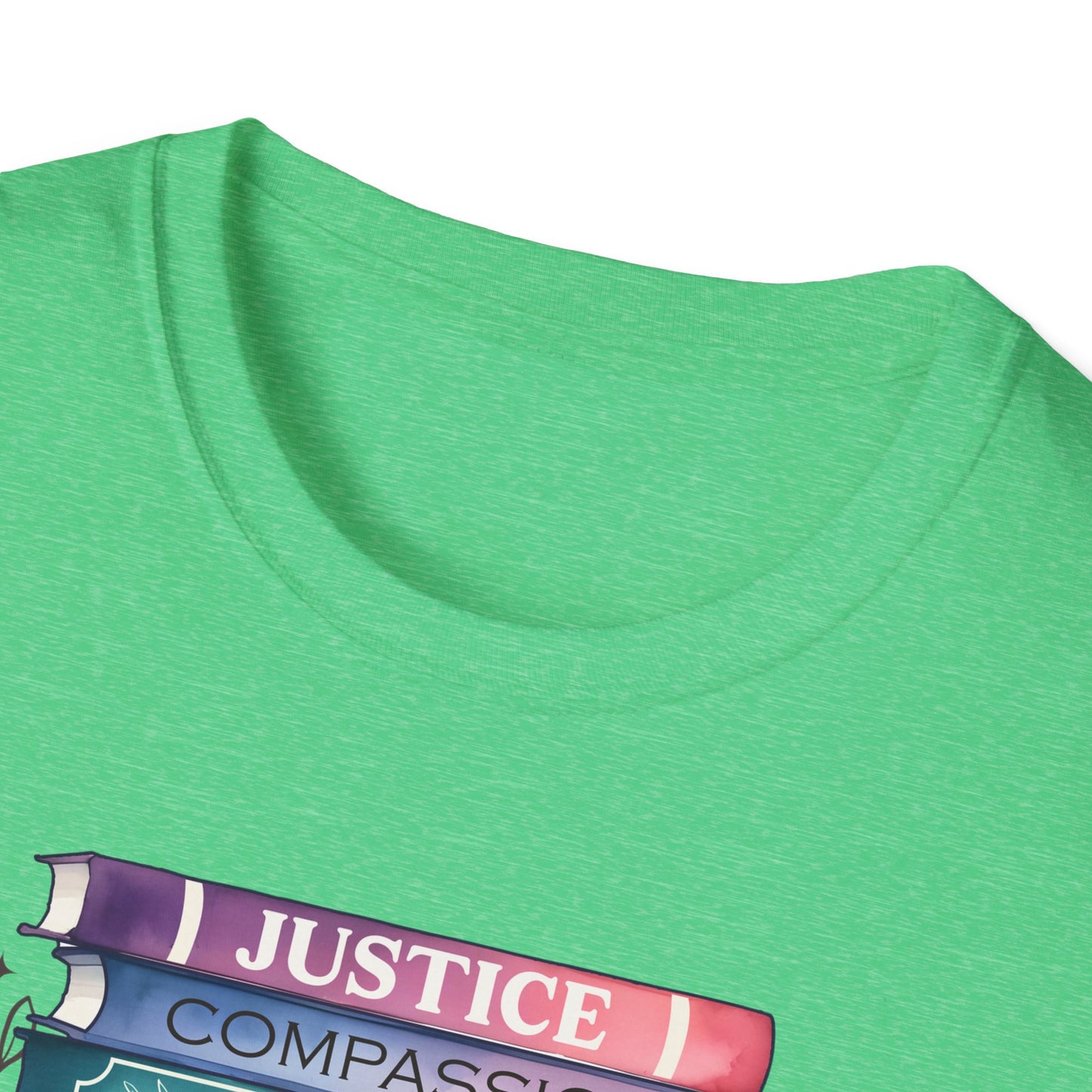 Equality Stack T-Shirt — Rainbow Books Design (Justice, Compassion, Unity, Diversity, Kindness)