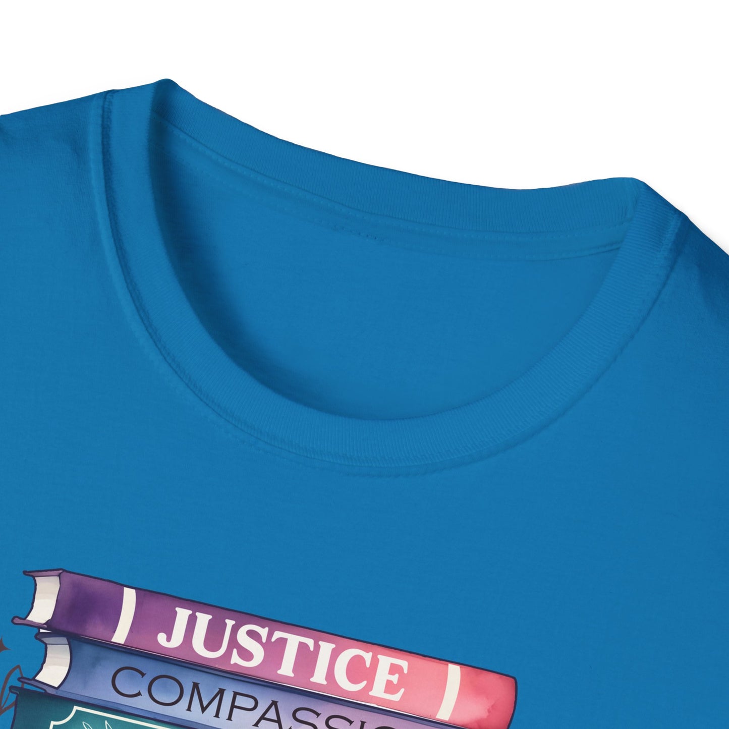 Equality Stack T-Shirt — Rainbow Books Design (Justice, Compassion, Unity, Diversity, Kindness)