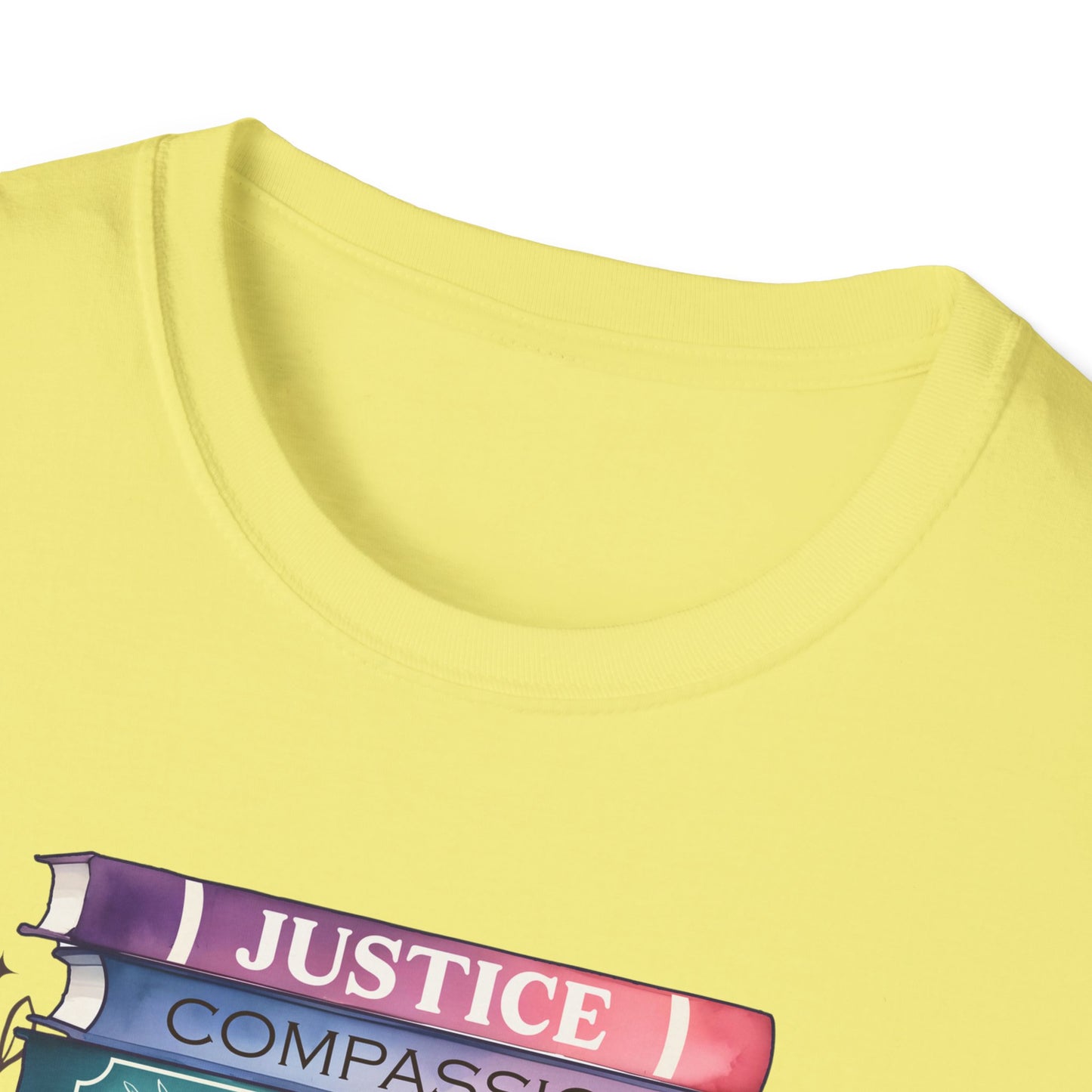 Equality Stack T-Shirt — Rainbow Books Design (Justice, Compassion, Unity, Diversity, Kindness)