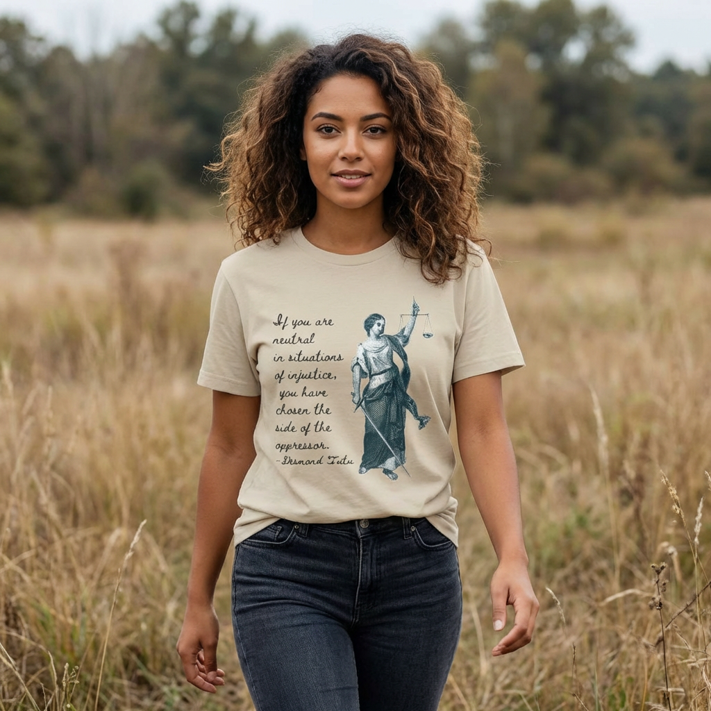 If you are neutral in situations of injustice, you have chosen the side of the oppressor. ~ Desmond Tutu quote,  Lady Justice Illustration T-Shirt