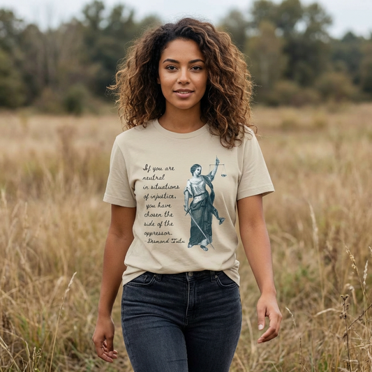 If you are neutral in situations of injustice, you have chosen the side of the oppressor. ~ Desmond Tutu quote,  Lady Justice Illustration T-Shirt