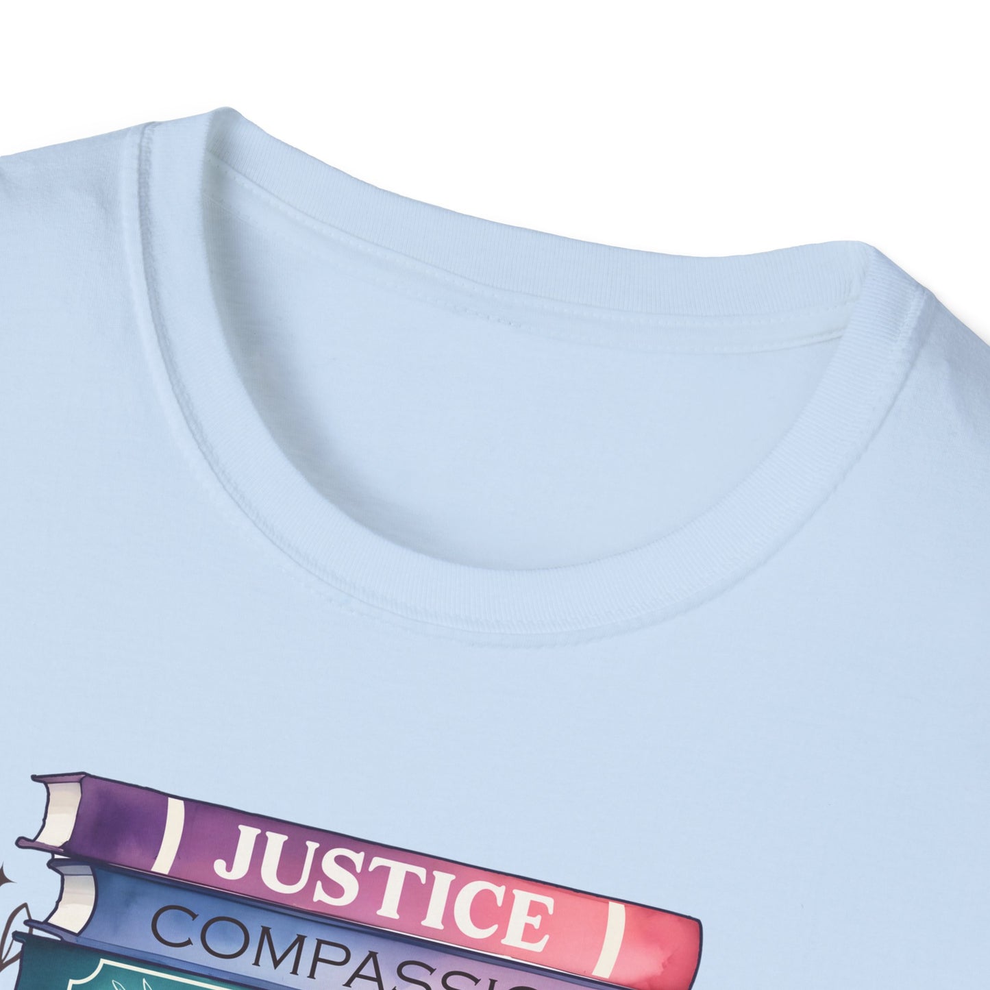 Equality Stack T-Shirt — Rainbow Books Design (Justice, Compassion, Unity, Diversity, Kindness)