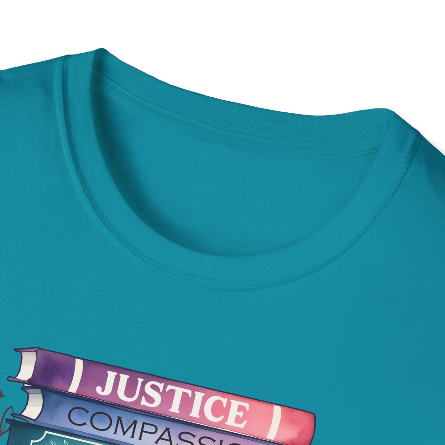 Equality Stack T-Shirt — Rainbow Books Design (Justice, Compassion, Unity, Diversity, Kindness)