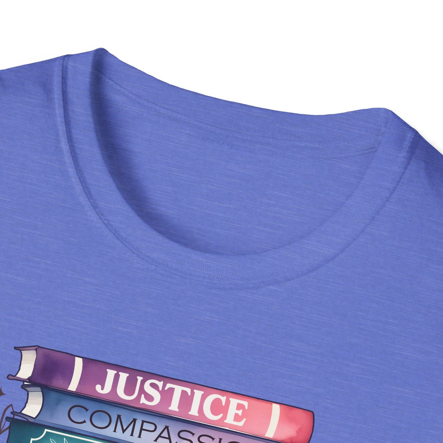 Equality Stack T-Shirt — Rainbow Books Design (Justice, Compassion, Unity, Diversity, Kindness)