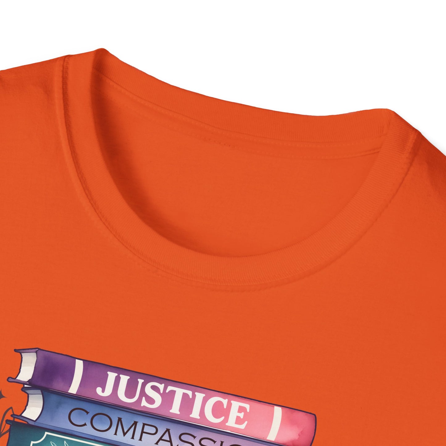 Equality Stack T-Shirt — Rainbow Books Design (Justice, Compassion, Unity, Diversity, Kindness)