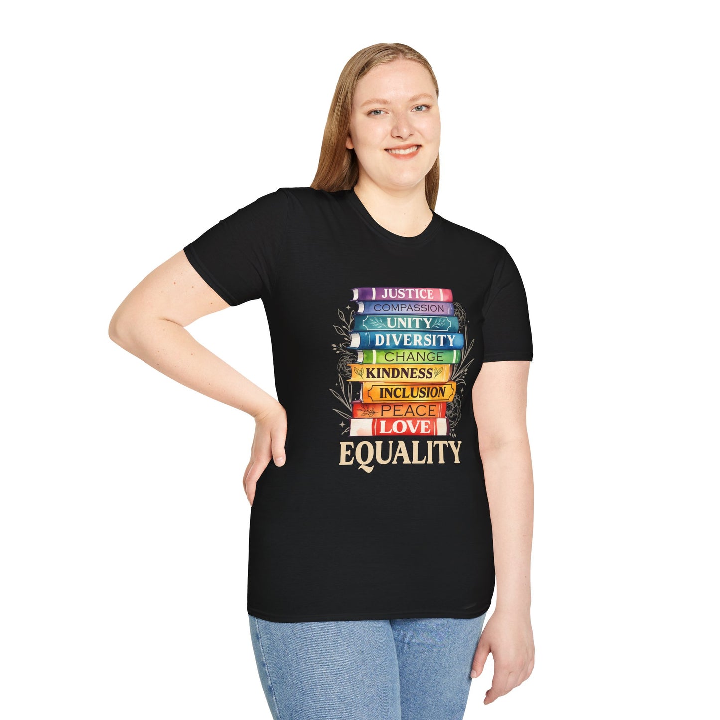 Equality Stack of Books T-Shirt | Pride Colors, Justice Unity Diversity Inclusion