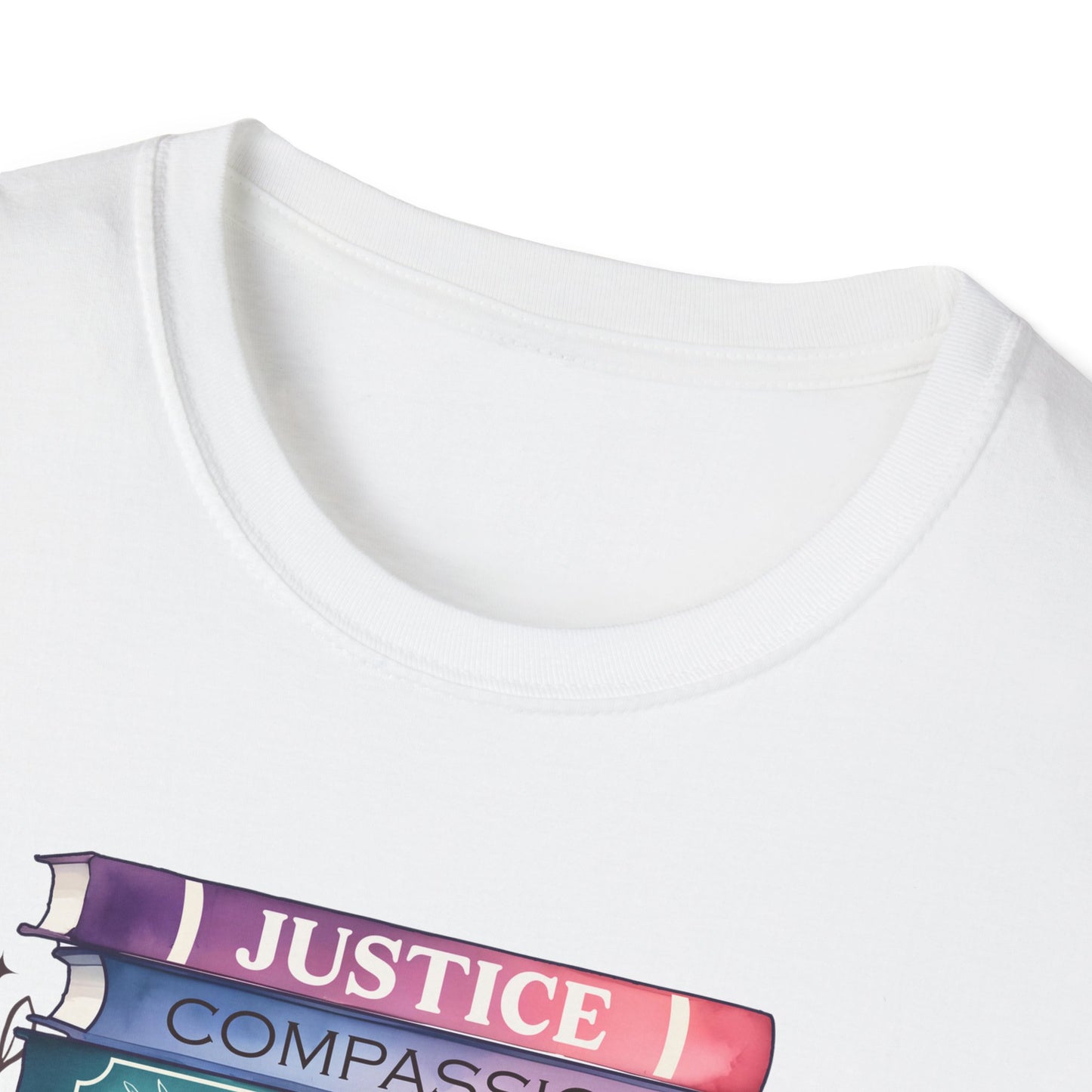 Equality Stack T-Shirt — Rainbow Books Design (Justice, Compassion, Unity, Diversity, Kindness)