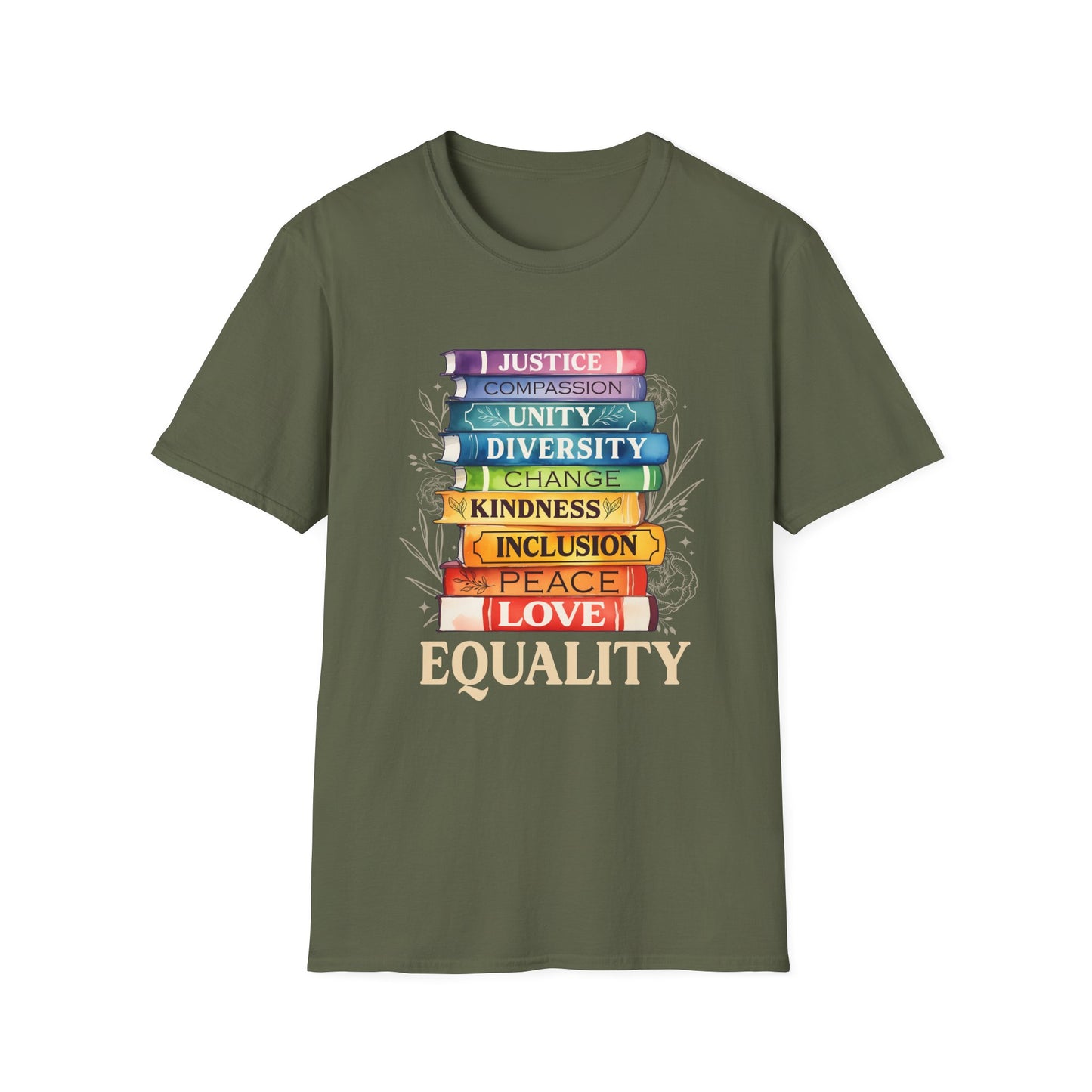 Equality Stack of Books T-Shirt | Pride Colors, Justice Unity Diversity Inclusion