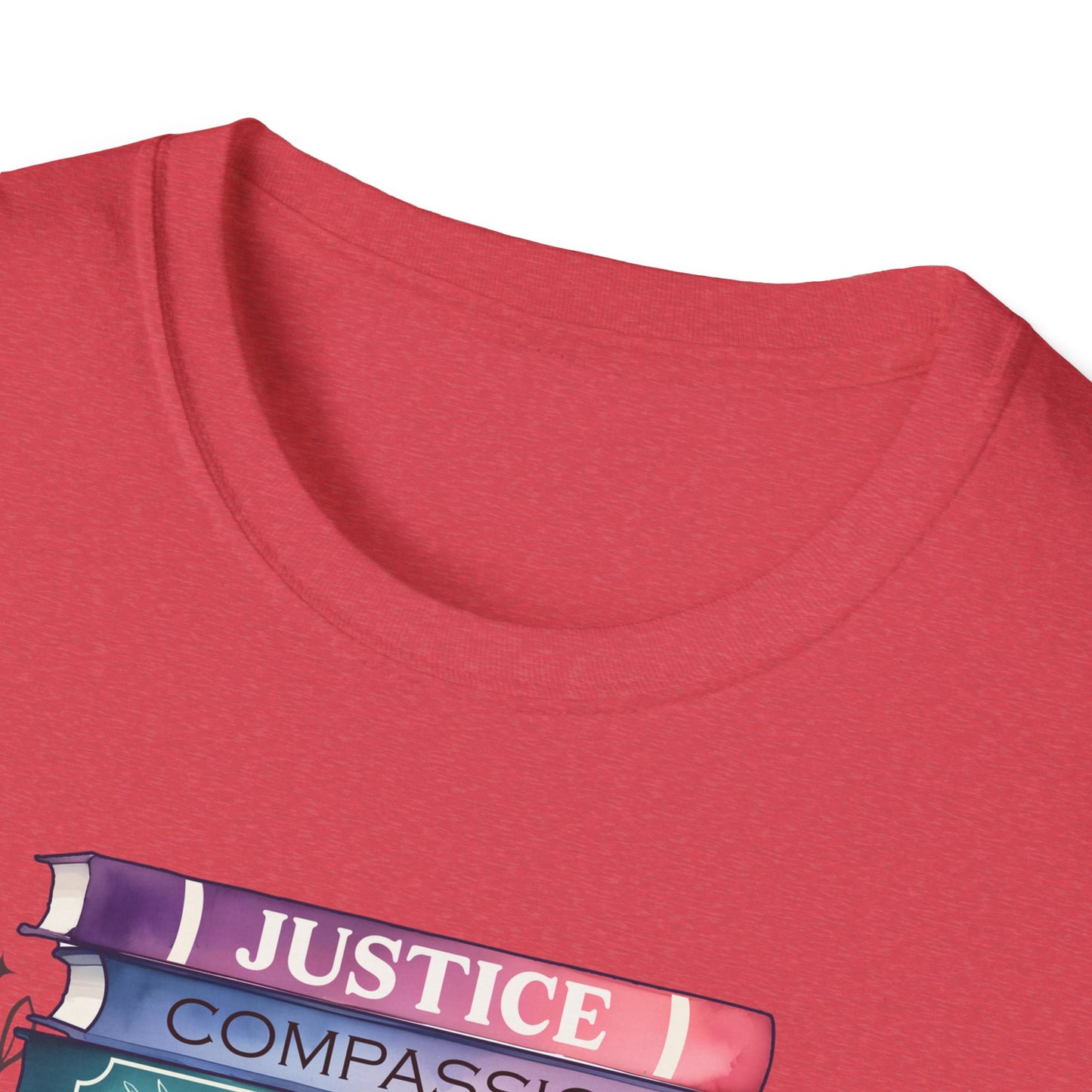 Equality Stack T-Shirt — Rainbow Books Design (Justice, Compassion, Unity, Diversity, Kindness)