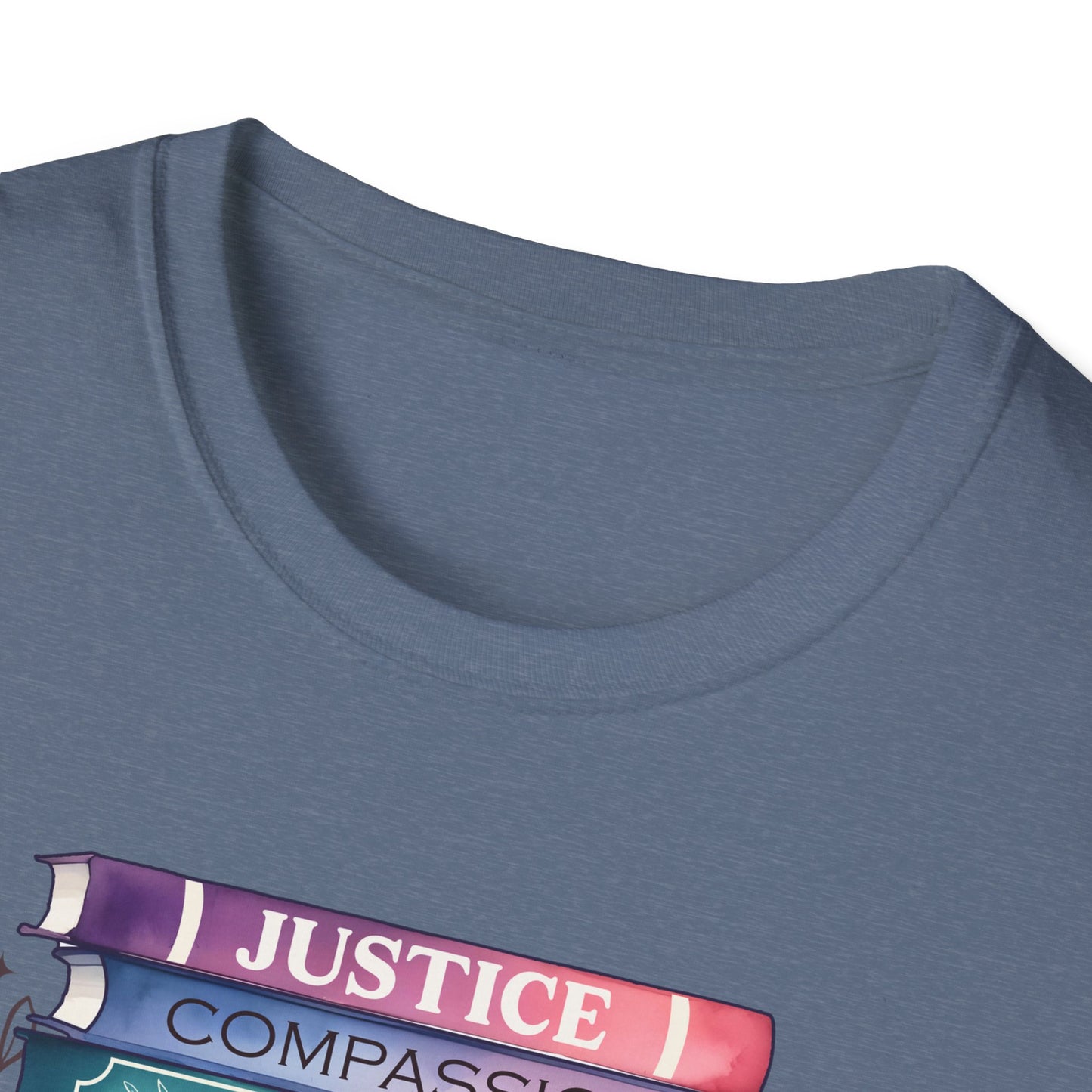 Equality Stack T-Shirt — Rainbow Books Design (Justice, Compassion, Unity, Diversity, Kindness)